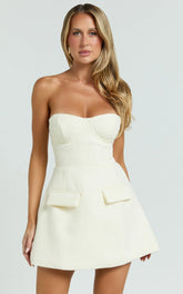 Alodia Mini Dress Boucle Strapless Tulip Skirt Dress in Cream