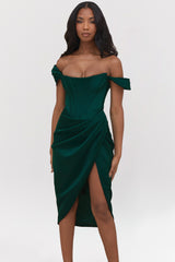 Loretta Emerald Green Satin Off Shoulder Dress