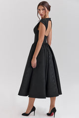 Debutante Black Moire Satin Backless Midi Dress