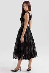 Sianna Black Embroidered Tulle Corset Midi Dress