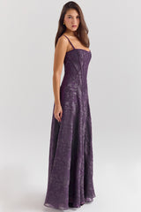 Esme Grape Lurex Chiffon Maxi Dress