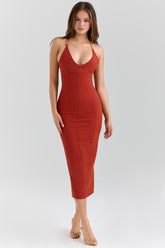 Ria Terracotta Stretch Cotton Fitted Midi Dress