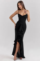 Gabbi Black Mesh Ruffled Front Gown