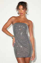 Enticing Shine Black Rhinestone Strapless Mini Dress