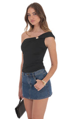 Embellished Capped One Shoulder Top in Black