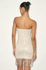 Suzie Beige Sequin Strapless Fringe Mini Dress