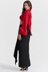 Arla Black Draped Silk Maxi Skirt