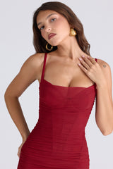 Lini Deep Red Stretch Mesh Corset Maxi Dress