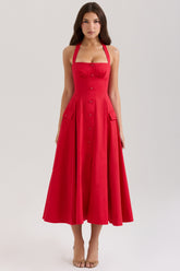 Claudia Red Stretch Cotton Button Halter Neck Midi Dress