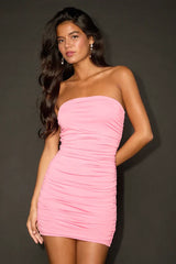 Exemplary Charm Pink Strapless Ruched Bodycon Mini Dress