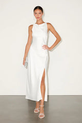 Elynne White Satin Cowl Neck Midi Dress