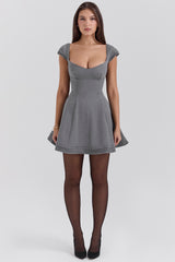 Cheri French Grey Fitted Mini Dress with Voluminous Skirt - SALE