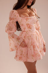 Sancia English Vintage Rose Print Puff Sleeve Mini Dress