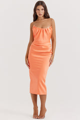 Alora Tangerine Strapless Corset Midi Dress