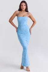 Eva Tuscan Blue Embroidered Floral Maxi Dress