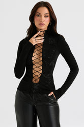Lori Black Crystallised Lace Up Top