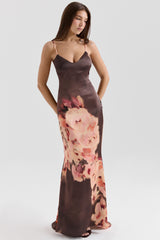 Mariamma Dark Brown Floral Printed Satin Maxi Dress