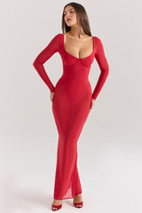 Everly Holly Red Mesh Maxi Dress with Bodysuit