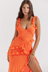 Pixie Flame Orange Ruffle Maxi Dress