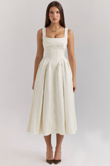 Isabeau Ivory Textured Satin Corset Midi Dress
