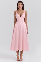 Parisian Pink Satin A-line Midi Dress