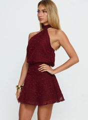 Eurythmic Scarf Halter Mini Dress Burgundy Jacquard