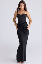 Valentina Black Satin Draped Corset Maxi Dress