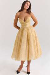 Madame Gold Metallic Lace Tulle Midi Gown