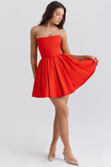 Emmanuela Italian Tomato Strapless Pleated Mini Dress