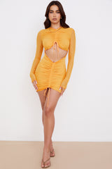 Jeanelle Orange Ruched Mesh Long Sleeve Cutout Mini Dress