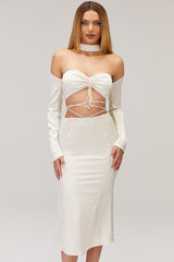 GalaMistress Rocks Off White Satin Tie Waist Midi Skirt - SALE