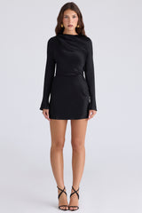 Mariska Black Satin Long Sleeve Backless Mini Dress