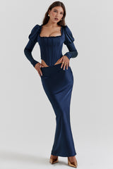 Charlene Navy Satin Bias Cut Maxi Skirt