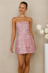 Exquisite Charm Tweed Sequin Strapless Mini Dress Pink