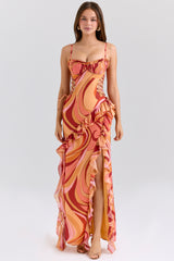 Lumira Sunset Swirl Print Ruffle Cut Out Maxi Dress