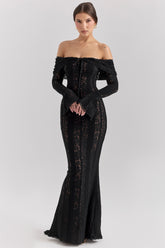 Belle Black Off Shoulder Floral Lace Maxi Dress