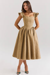 Alessandra Gold Jacquard Midi Dress with Detachable Bow - SALE
