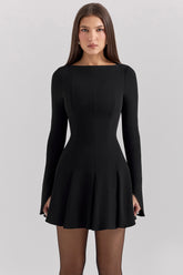 Francesca Black Stretch Crepe Godet Mini Dress