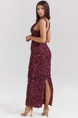 Carena Merlot Plunge Floral Appliqué Maxi Dress