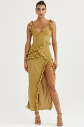 Pixie Olive Ruffle Maxi Dress