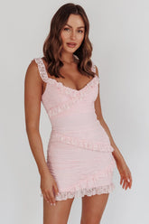 La Vida Frill Trim Off-Shoulder Mini Dress Pink