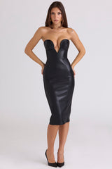 Shia Black Vegan Leather Strapless Midi Dress