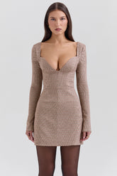 Angelie Brown Puppytooth Check Plunge Mini Dress - SALE