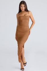 Fornarina Tan Gathered Stretch Mesh Maxi Dress