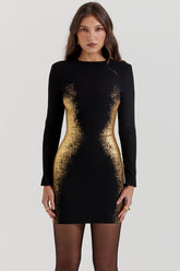 Domenica Black & Gold Foil Print Mini Dress