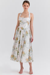 Minerva Soft Blue Vintage Ribbon Print Chiffon Midi Dress