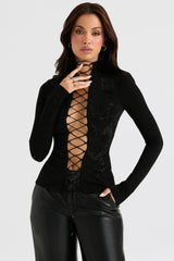 Lori Black Crystallised Lace Up Top