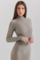 Rowena Grey Velour Sheer Striped Bodysuit