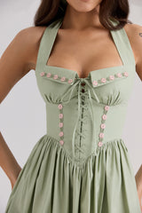 Emilia Sage Stretch Cotton Halter Neck Midi Dress