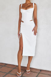 Mistress Rocks White Gathered Thigh Split Midi Skirt - SALE